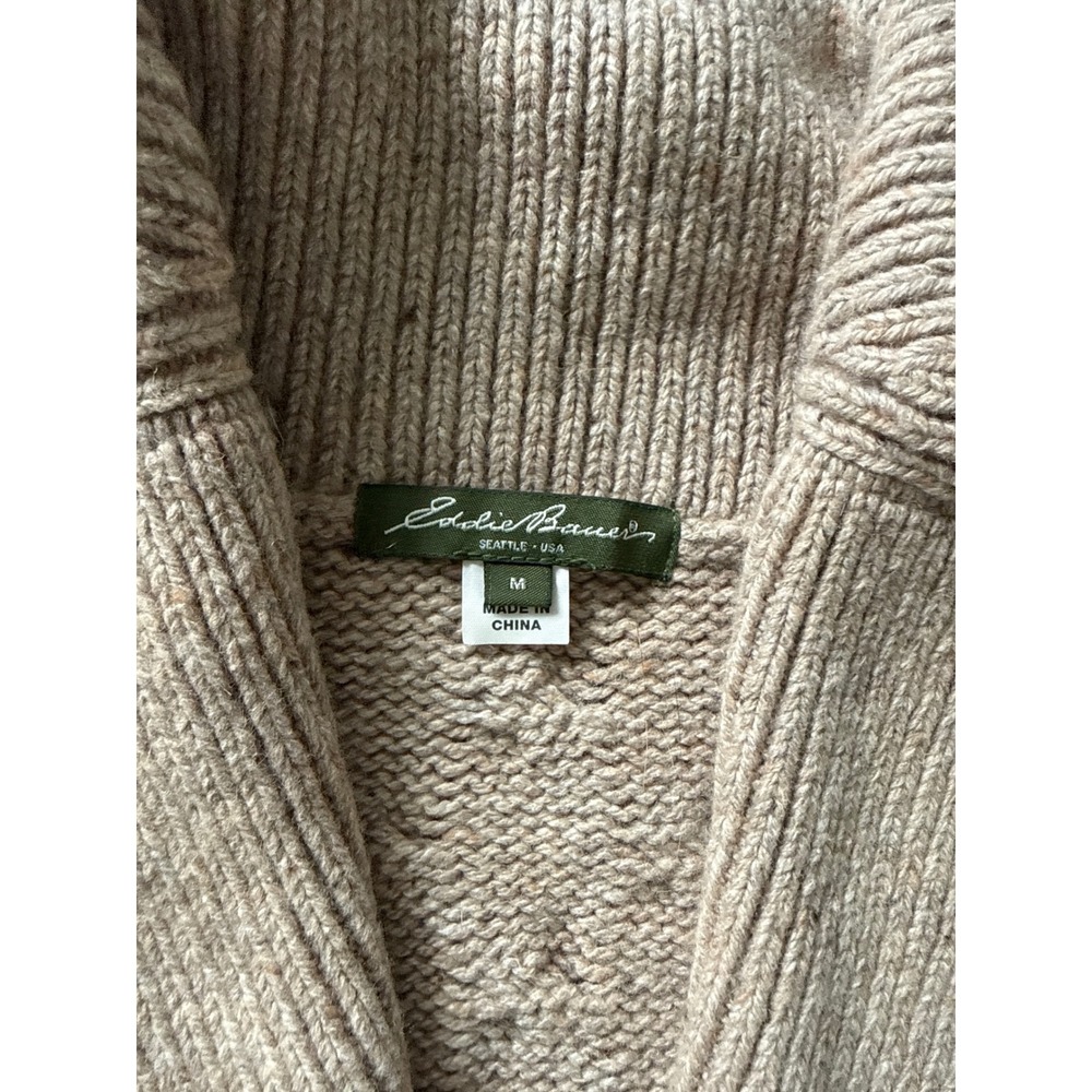 Eddie Bauer Womens Tan Wool Blend Cable Knit Shawl Collar Cardigan Sweater M - Picture 4 of 6